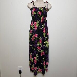 Two Palms Hawaii Women Black Floral Hibiscus Smocked Maxi Dress Vacation Resort